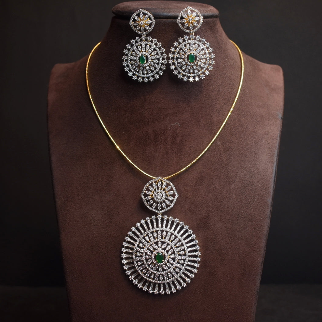 Gold Plated American Diamond Pendant Set with Earrings - 24K GJ Finish