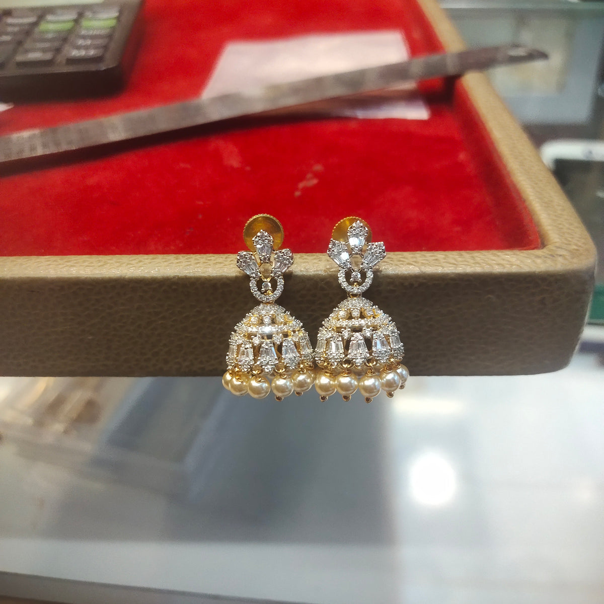 Premium American Diamond Temple Jhumka Earrings with Pearl & Bead Drops