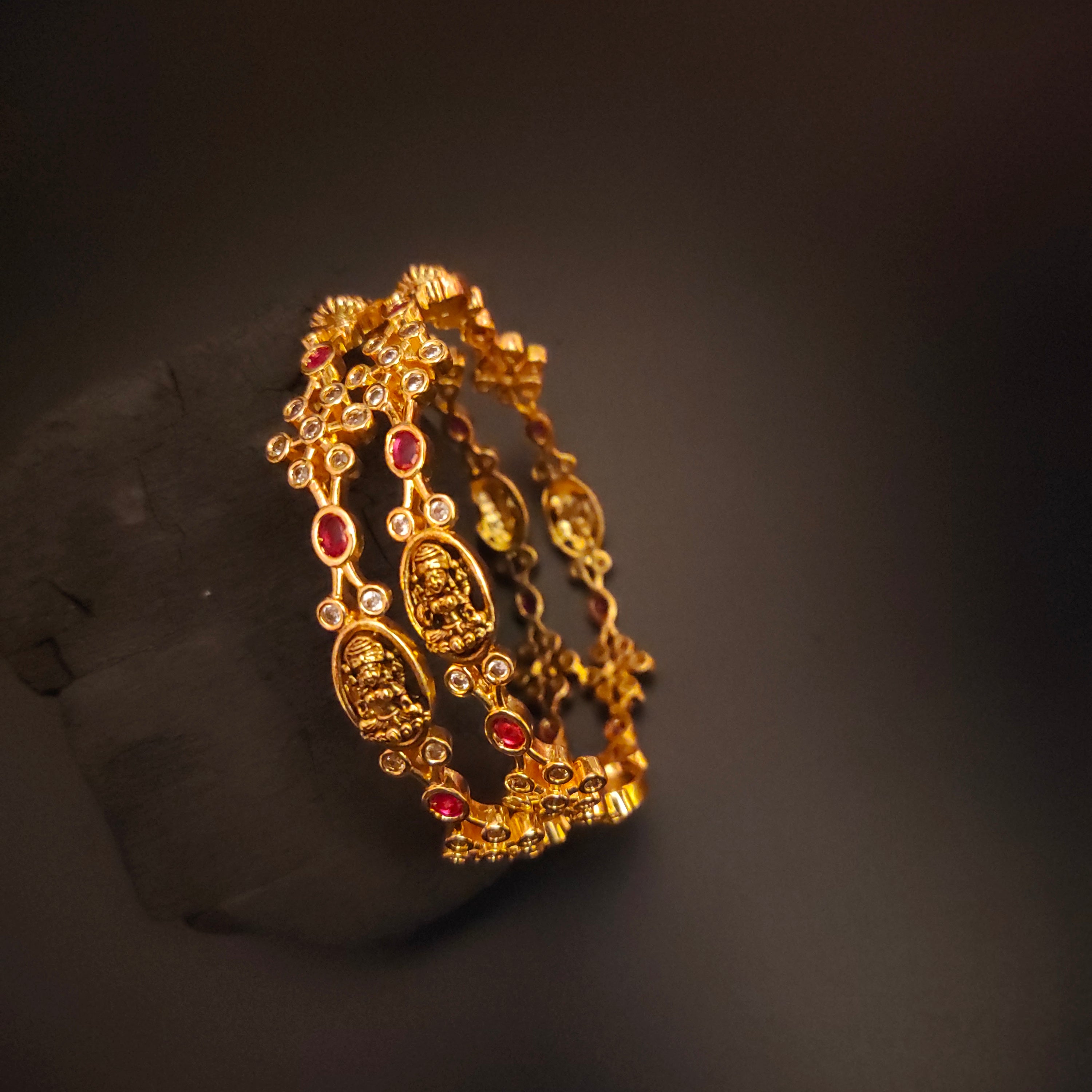 Nagas CZ Bangles with Lakshmi Motifs - Antique Gold Plated Jewelry