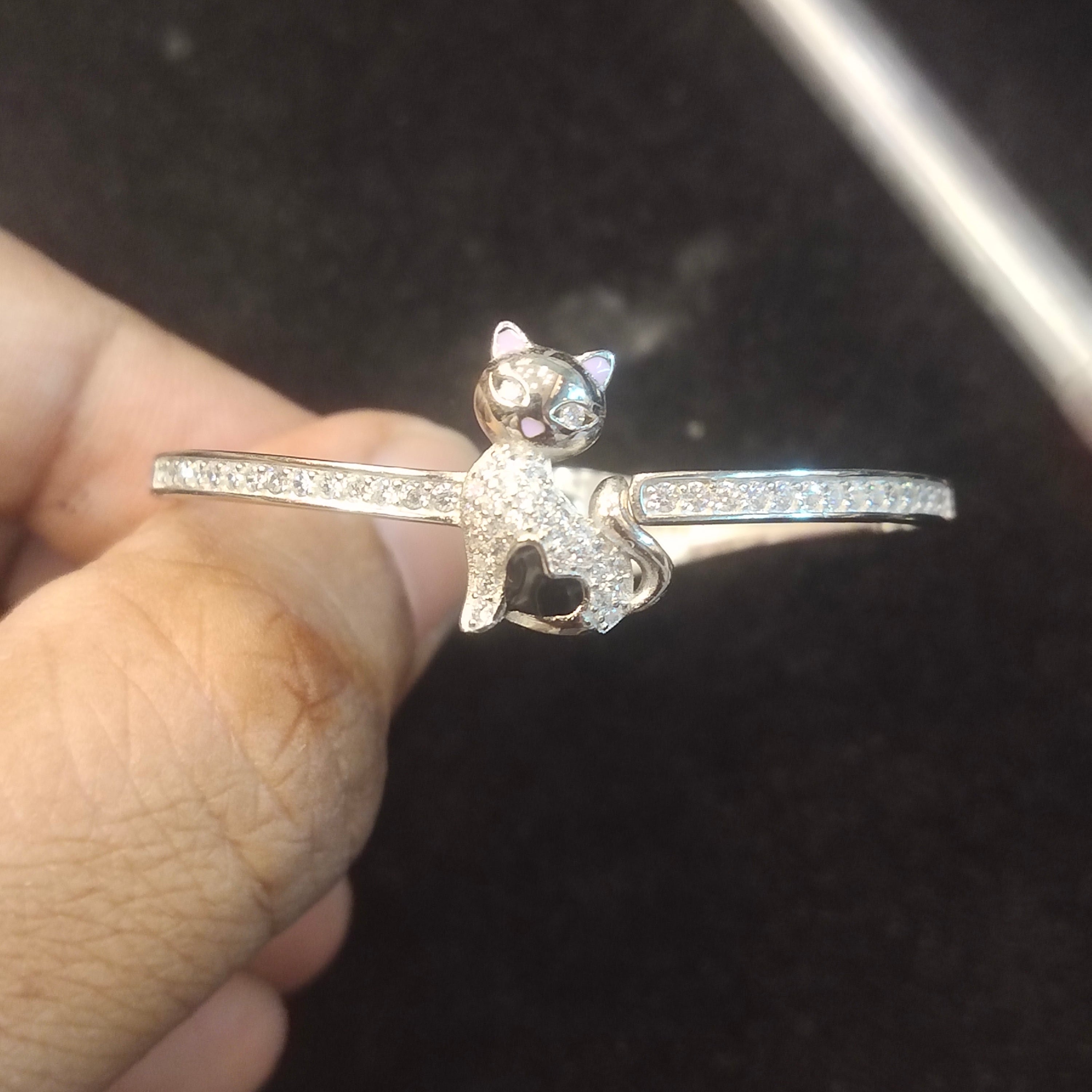 Kids 925 Silver Cat Bangle Bracelet | CZ Studded Kitty Charm
