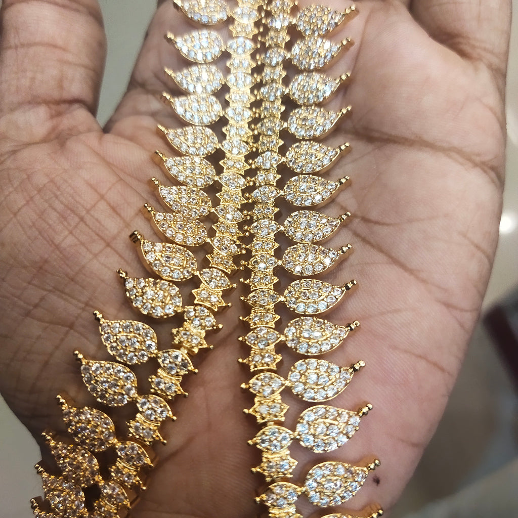 24K Gold Plated Zircon Long Necklace Set - South Indian Traditional Design