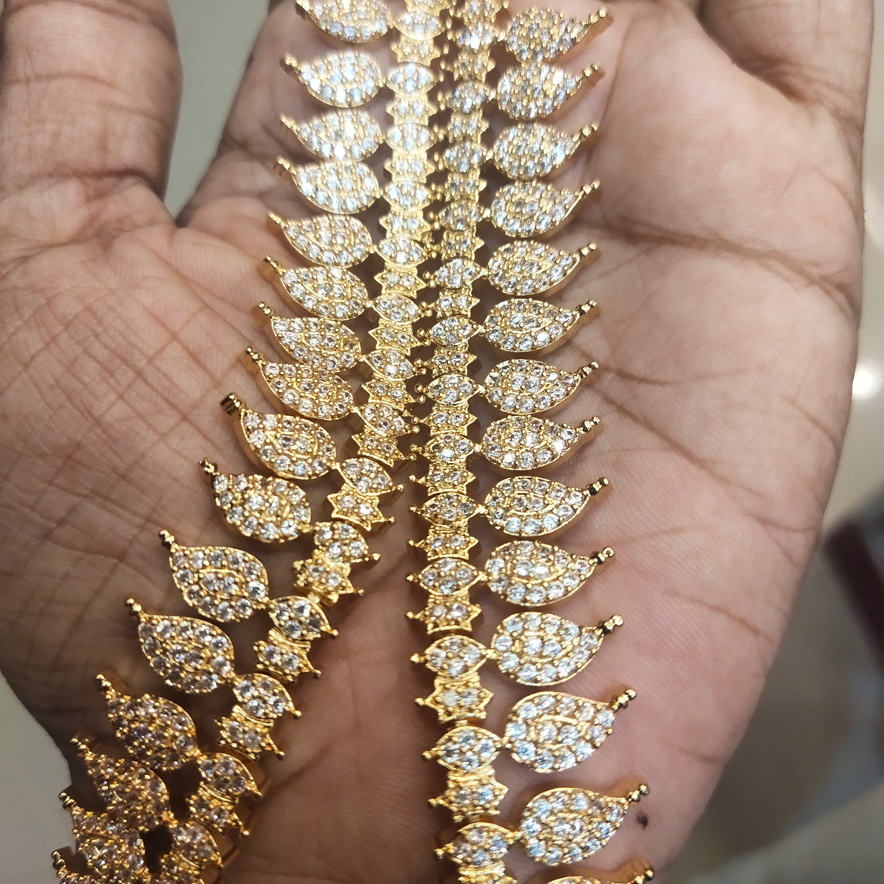 24K Gold Plated Zircon Long Necklace Set - South Indian Traditional Design