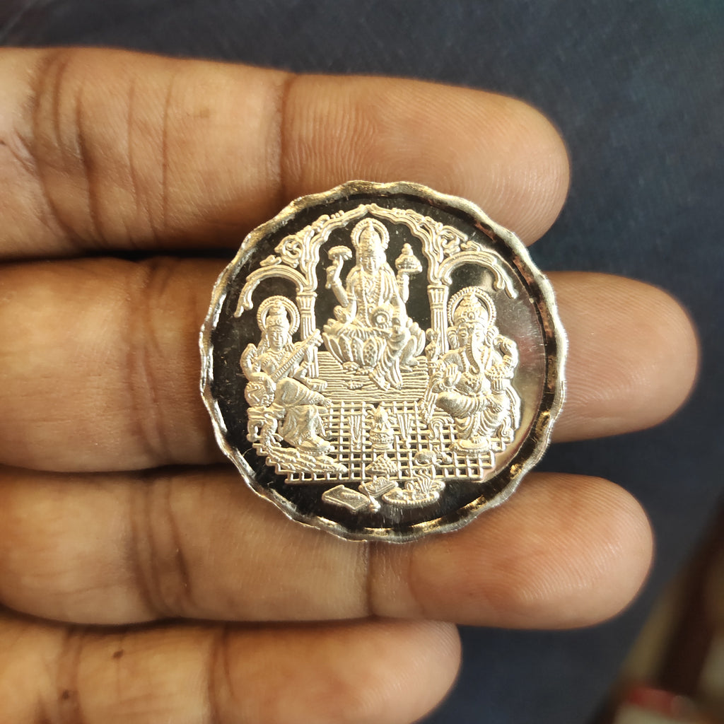 Silver Laxmi Ganesh Saraswati Coin with Mantra - 10 Grams