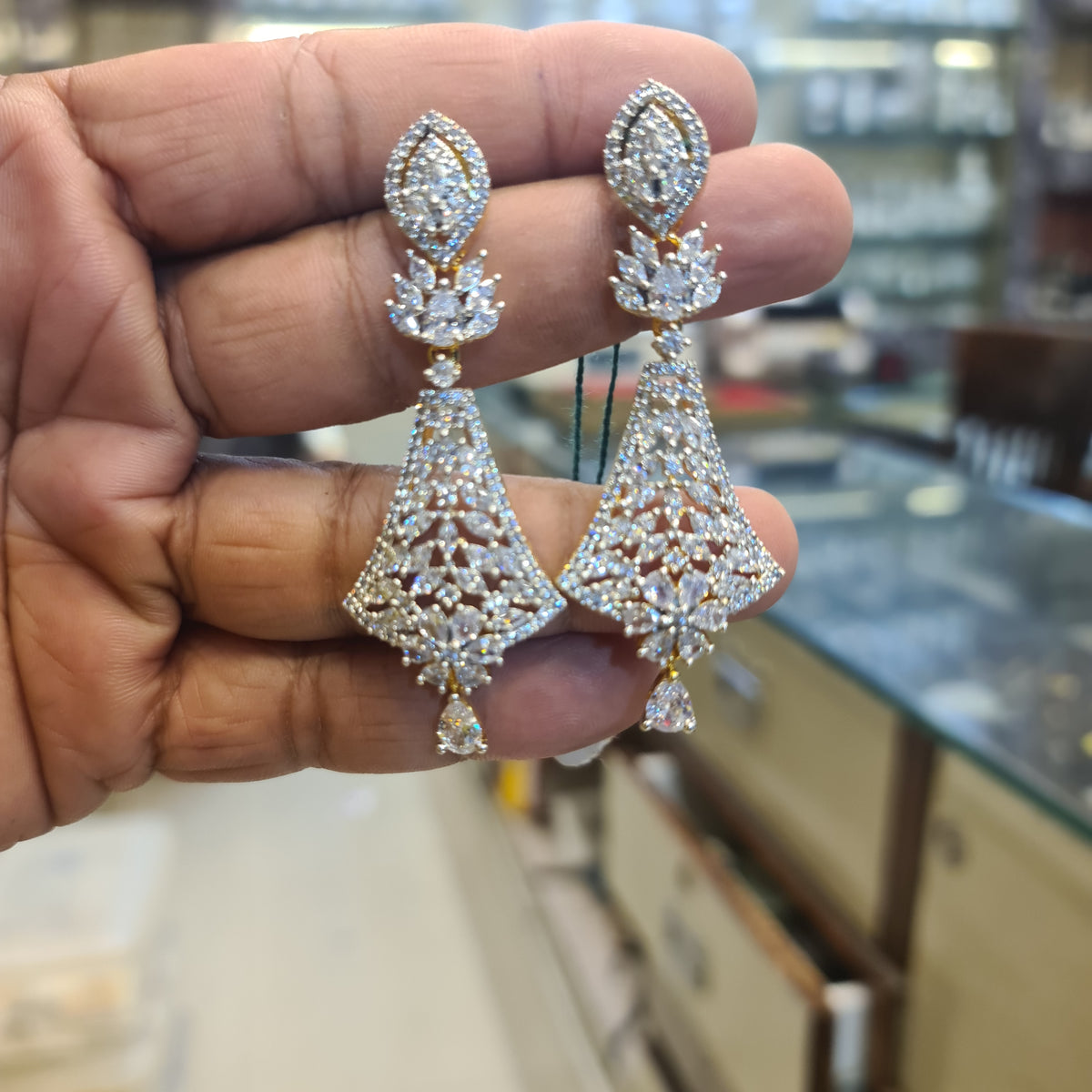 CZ Marquise Kite Chandelier Earrings | Floral Lattice Body | White & Pink | Diamond Finish