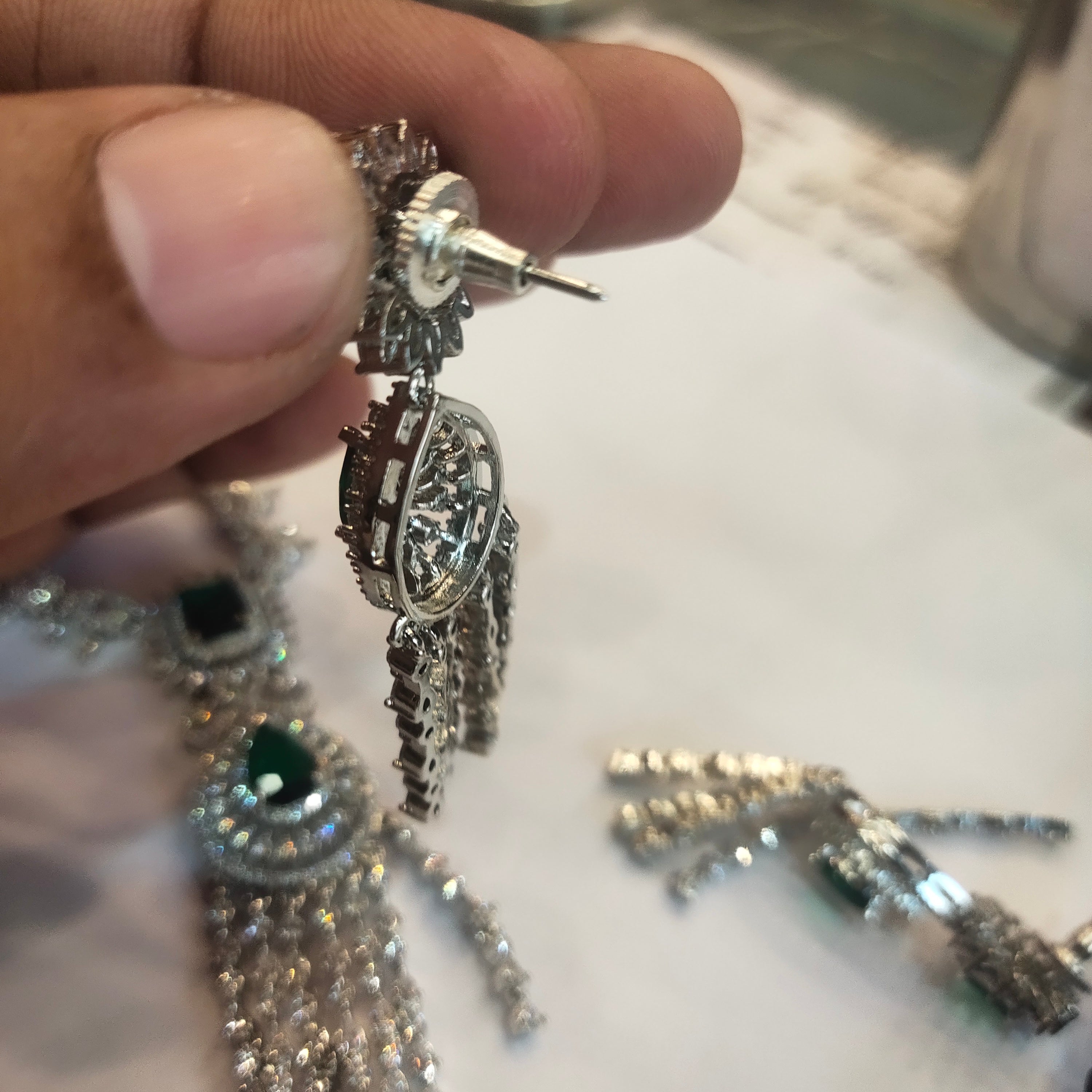 Rhodium Plated Green Emerald Zircon Necklace Set - Western Style