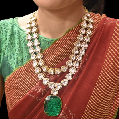 "Dazzle in Double Layers: The Exquisite Asp Fashion Emerald & Kundan Necklace Set"