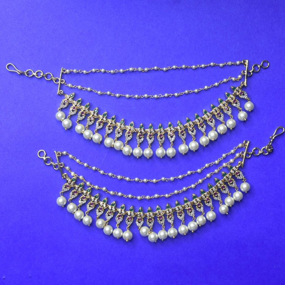 CZ Ruby Emerald Pearl Champaswaralu - 24K Gold Ear Chains