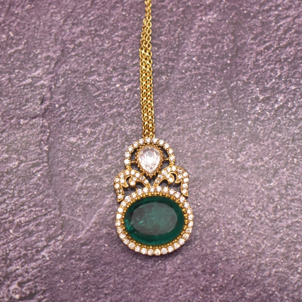 Moissanite Kundan Necklace Set - 24K Gold Emerald Maang Teeka Wedding Jewelry