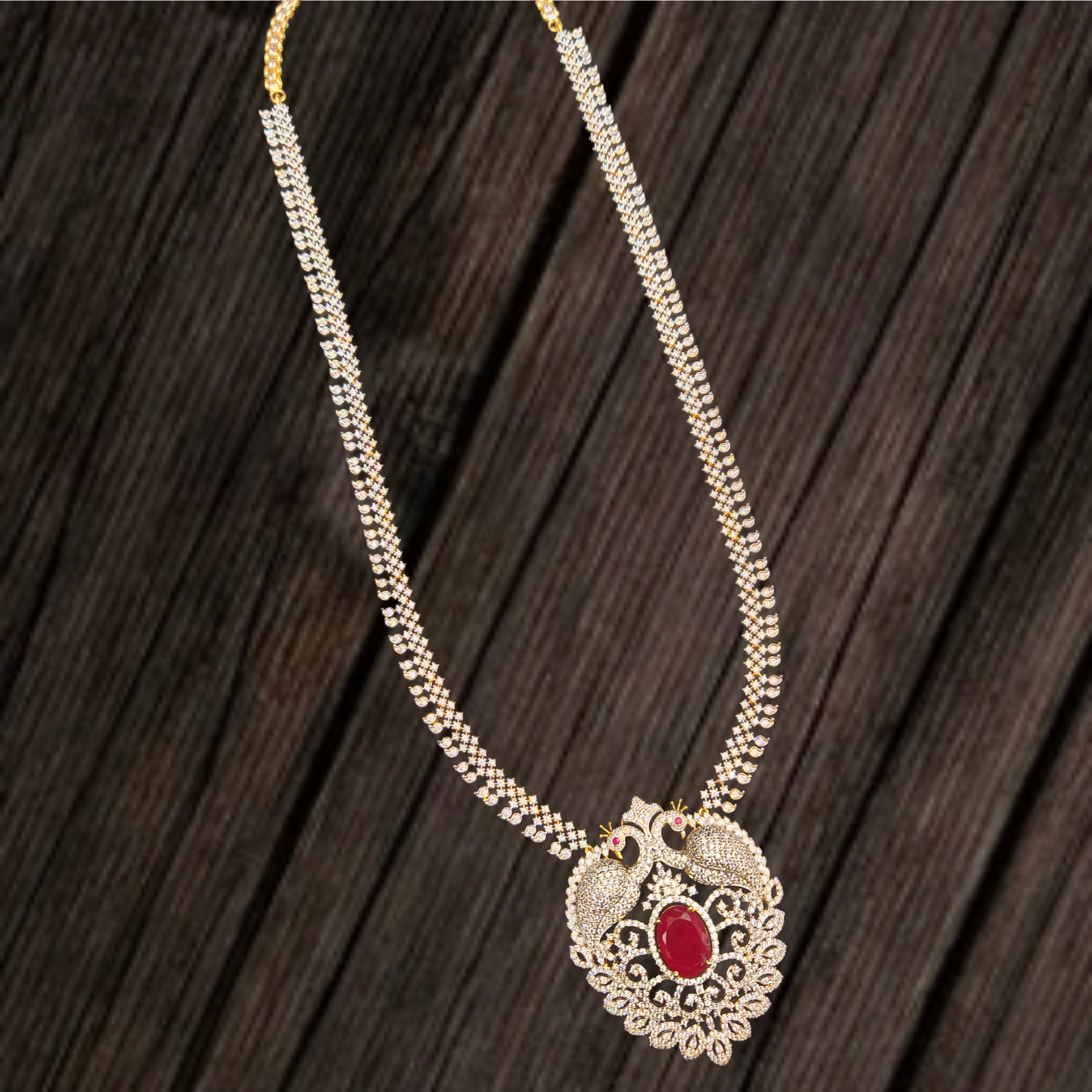 Diamond Long Haram with Ruby & CZ - 24K Gold American Diamond Bridal Set