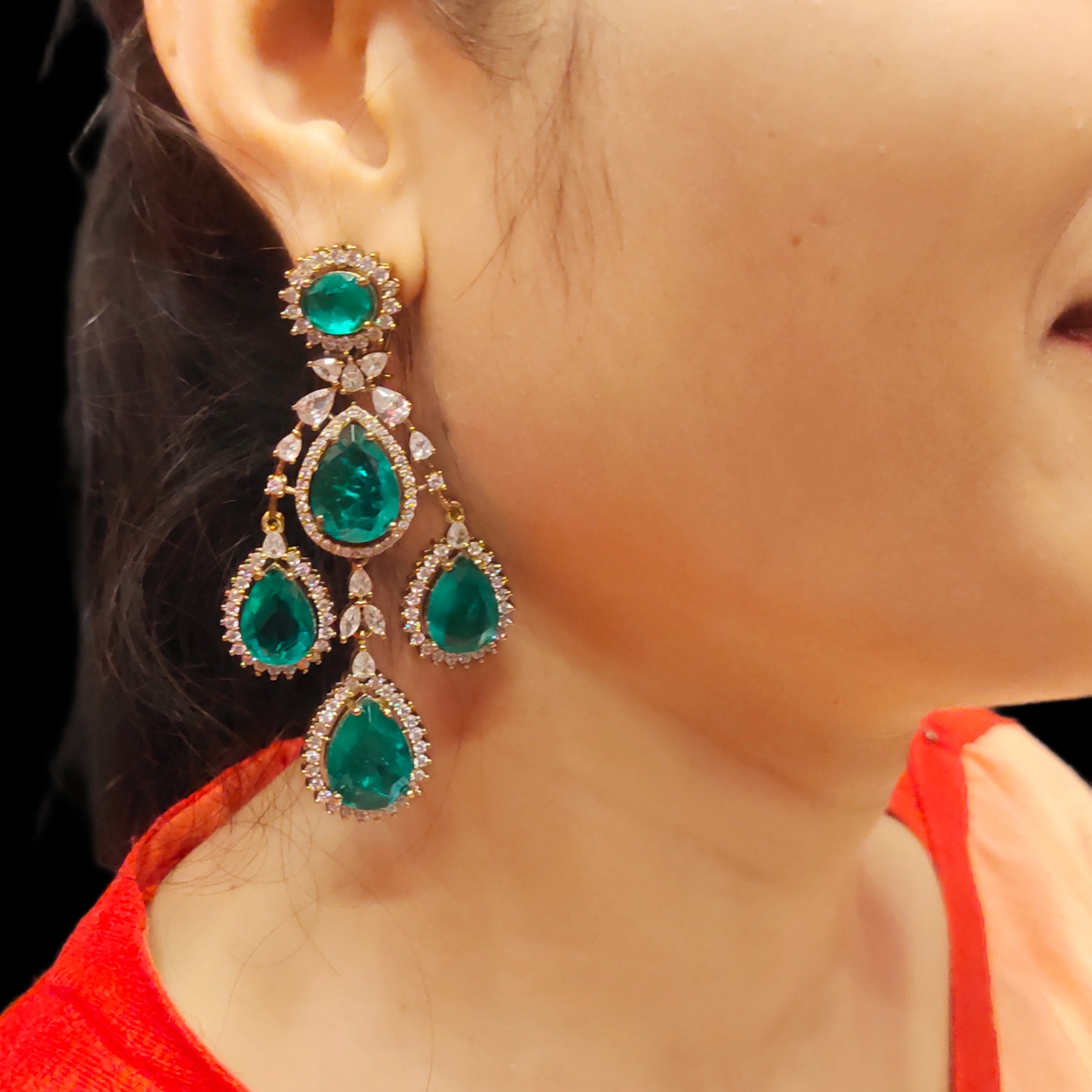 Emerald Green Zircon Chandelier Dangler Earrings - 24K Gold Plated