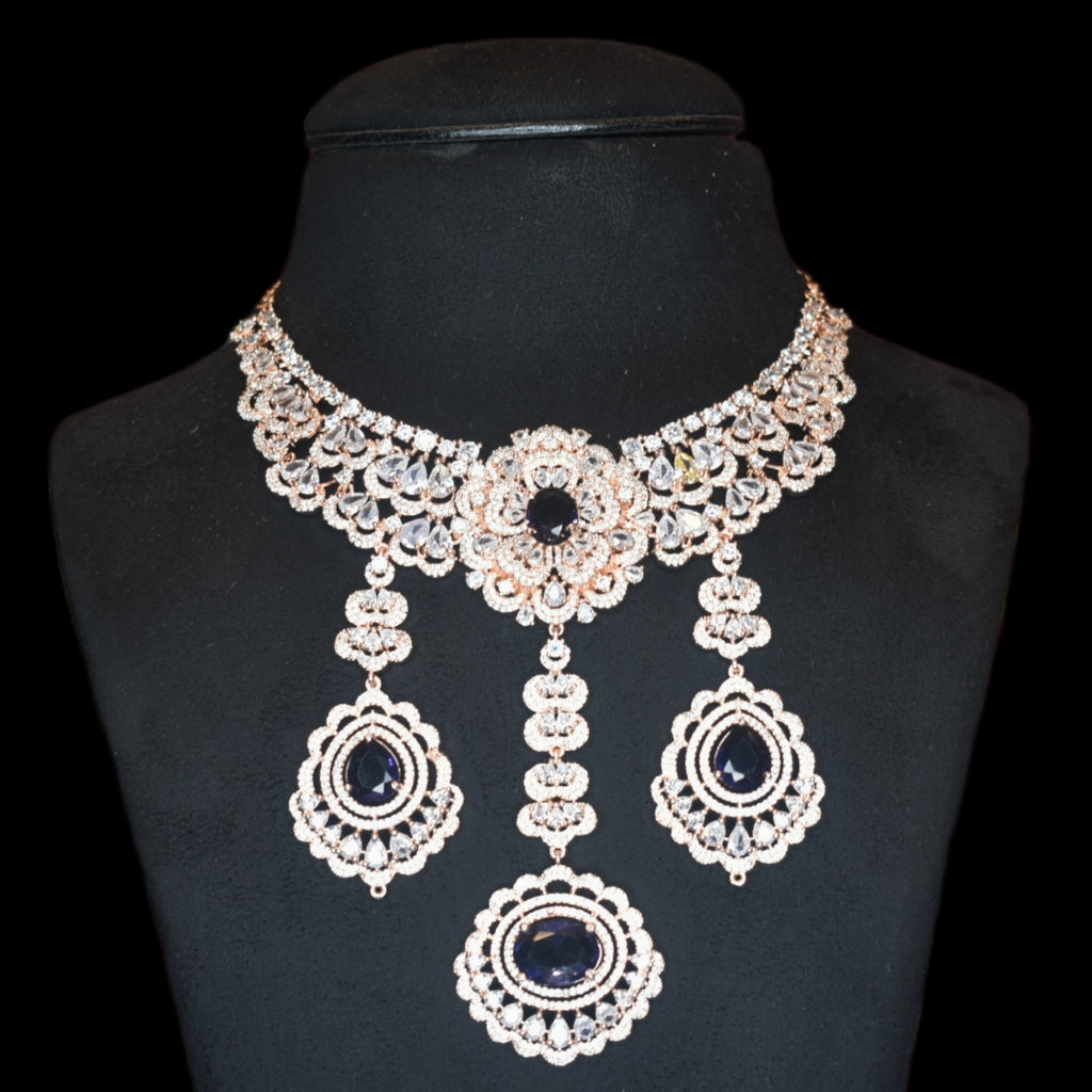 Regal Rose Gold American Diamond Necklace Set with Pearls - Bridal Choker