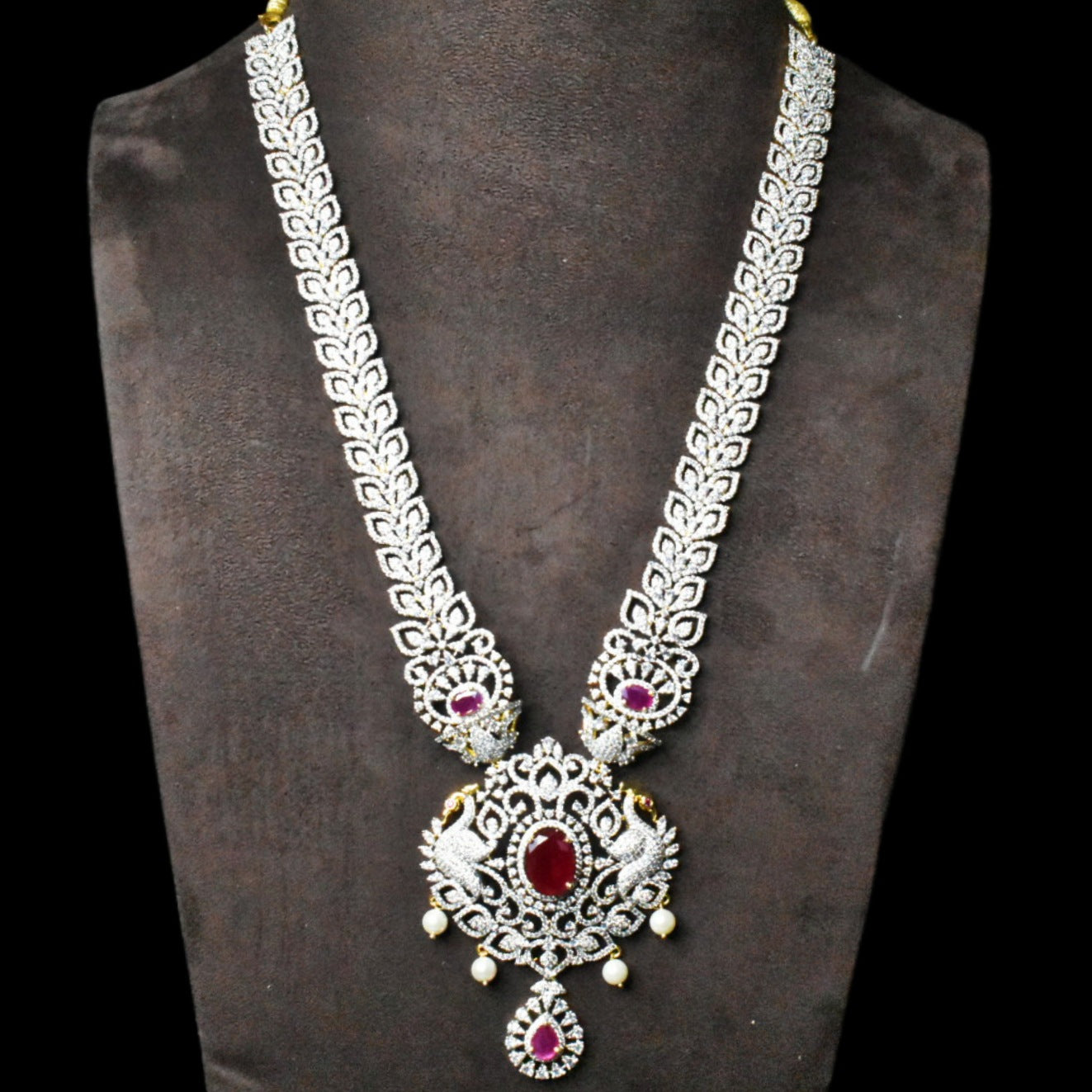 Bridal Diamond Haram with Ruby & Pearls - 24K Gold Wedding Necklace Set