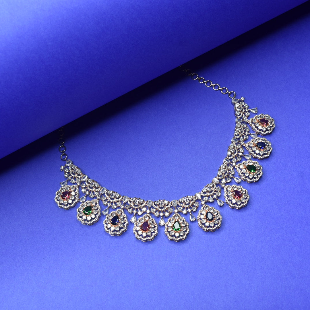 Elegant Rose Gold CZ Necklace with Jhumka Earrings - Zircon Set