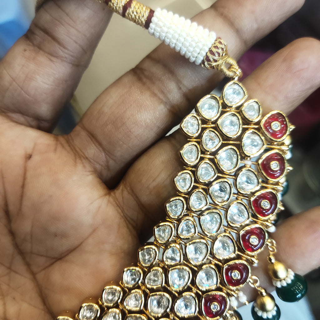 24K Gold Plated Kundan Necklace Set with Chandelier Earrings - Traditional Indian Jewelry