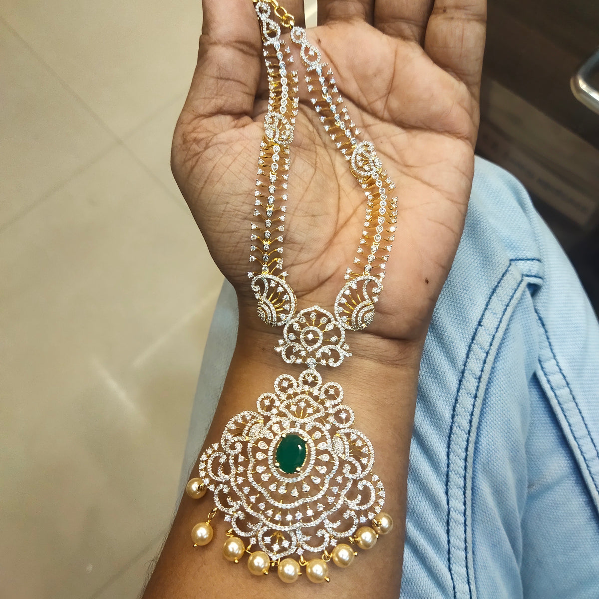 Green Zircon Long & Short Necklace Combo Set - Rhodium Gold Plated Bridal Jewelry
