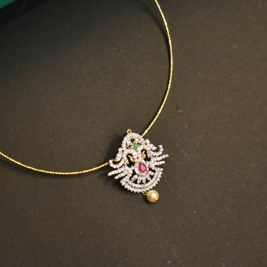 Asp Rhodium Gold Cubic Zirconia Pendant With Shimmering 24K Gold-Plated Cord Chain