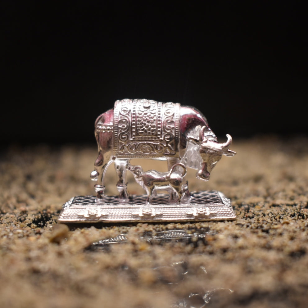 Pure Silver Kamdhenu Cow Idol - Handcrafted Sacred Gau Mata Statue