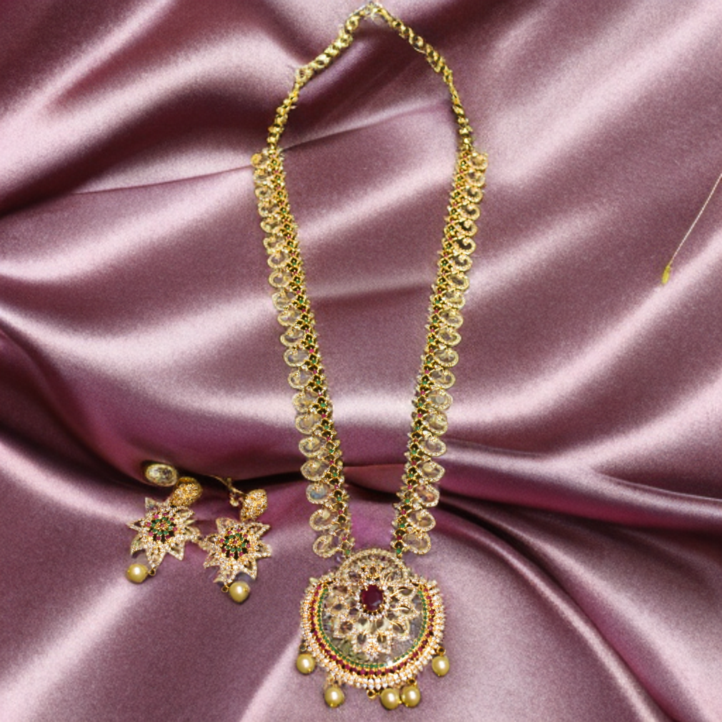 CZ Gold Plated Long Necklace Set - Luxury Bridal Wedding Jewelry