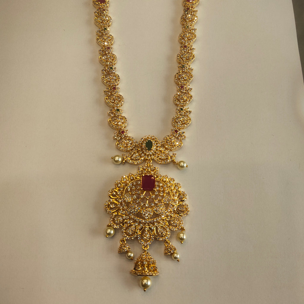 CZ Gold Plated Long Necklace Set - Sophisticated Bridal Jewelry Collection