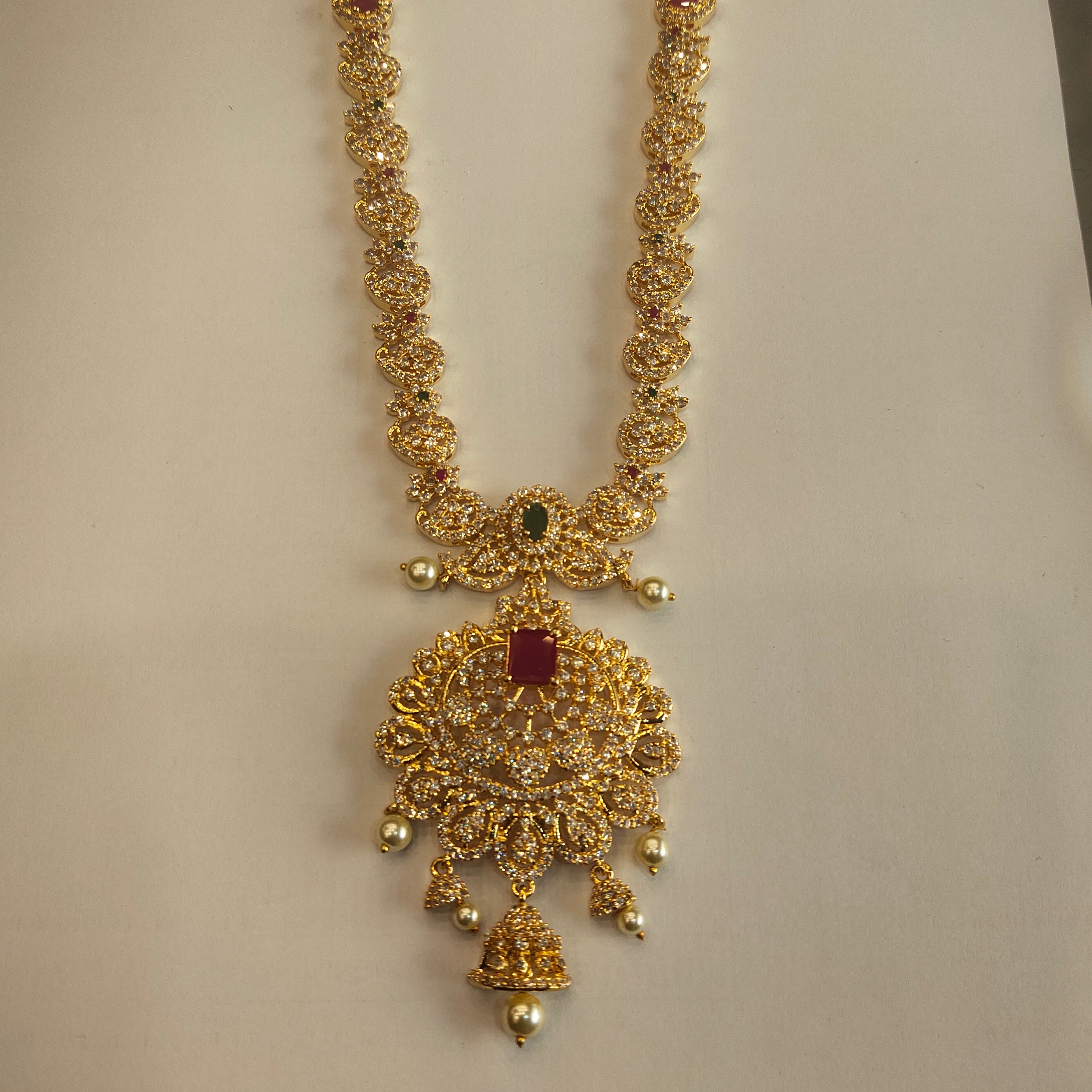 CZ Gold Plated Long Necklace Set - Sophisticated Bridal Jewelry Collection