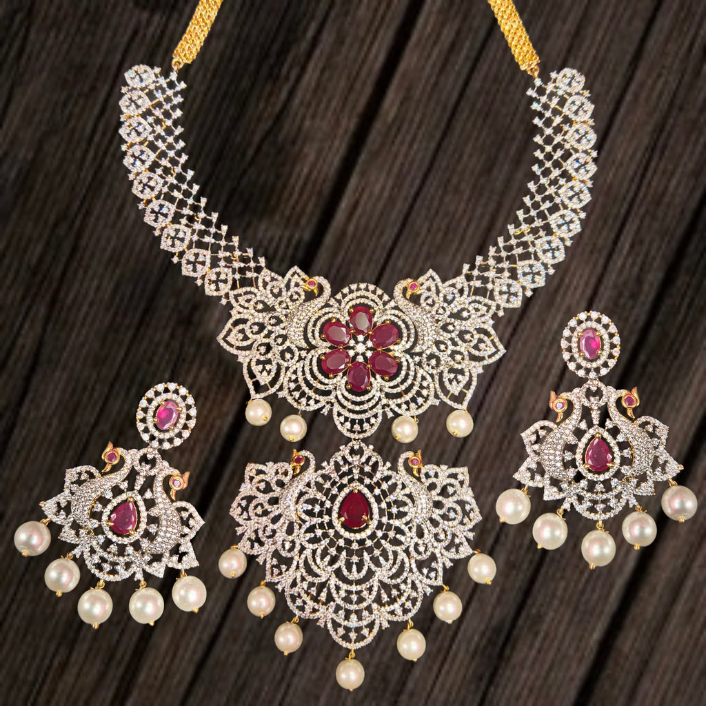 American Diamond Haram with Ruby Pearls - Bridal Jewellery
