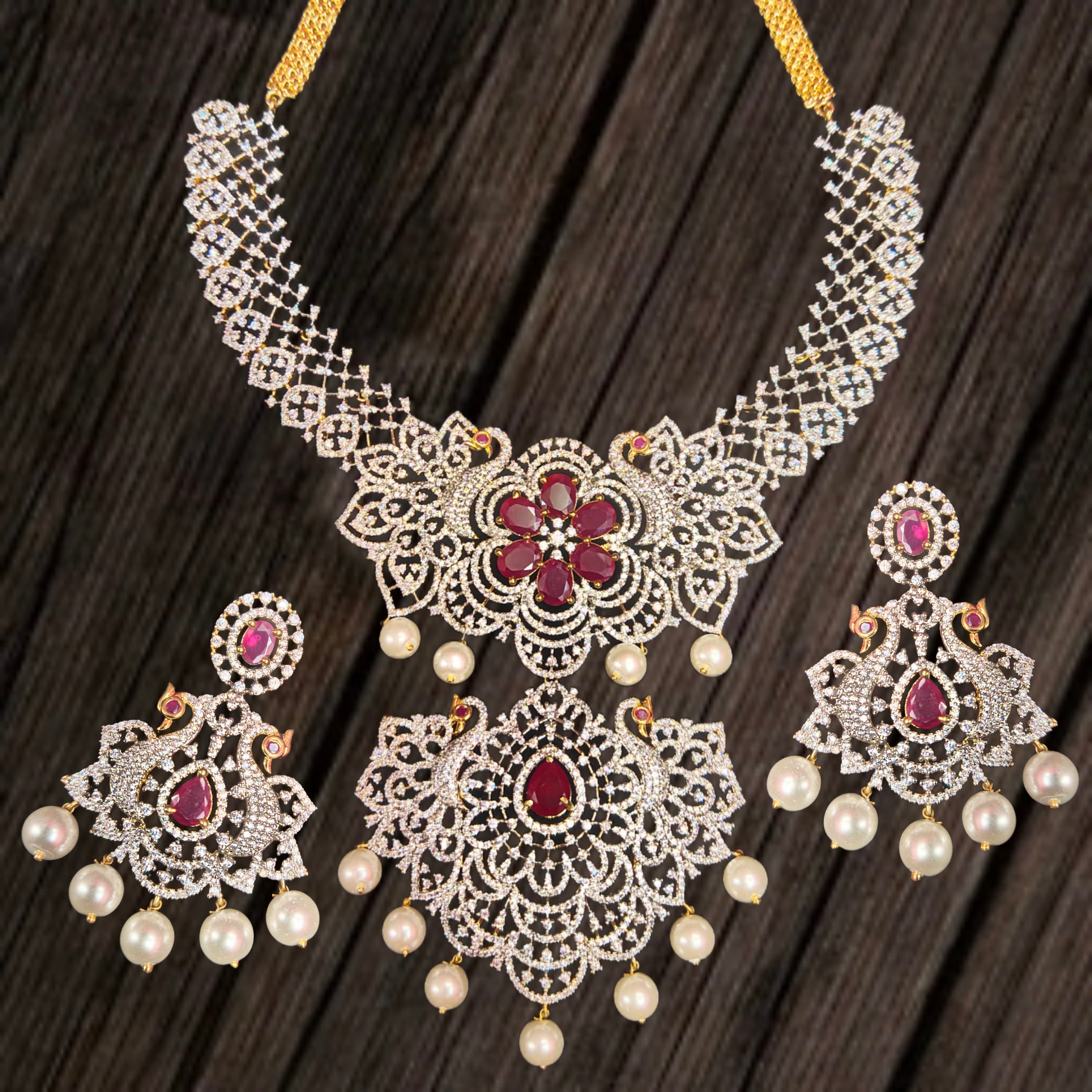 American Diamond Haram with Ruby Pearls - Bridal Jewellery