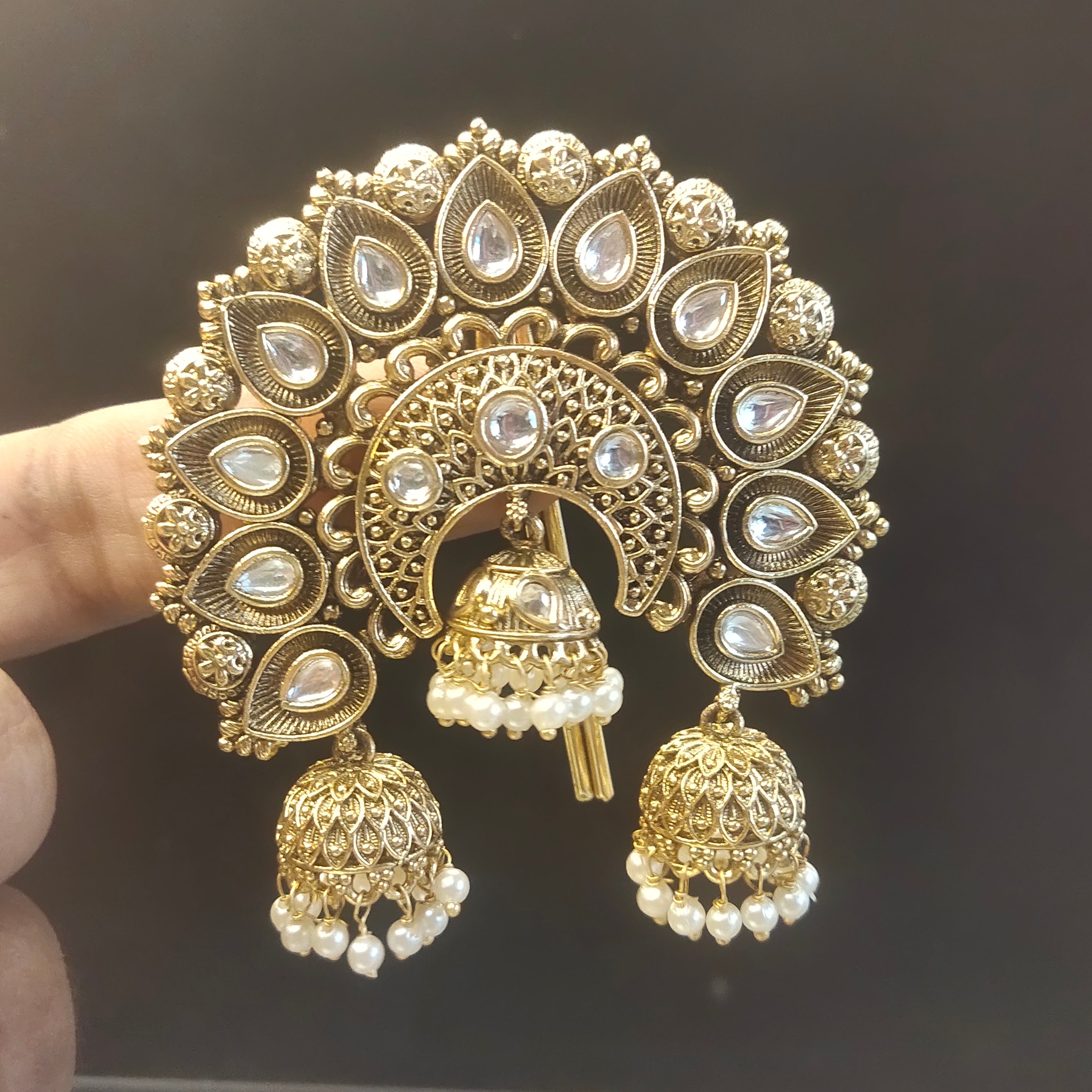 Peacock Kundan Juda Pin with Triple Jhumka & Pearl Drops | Bridal Hair Jewellery
