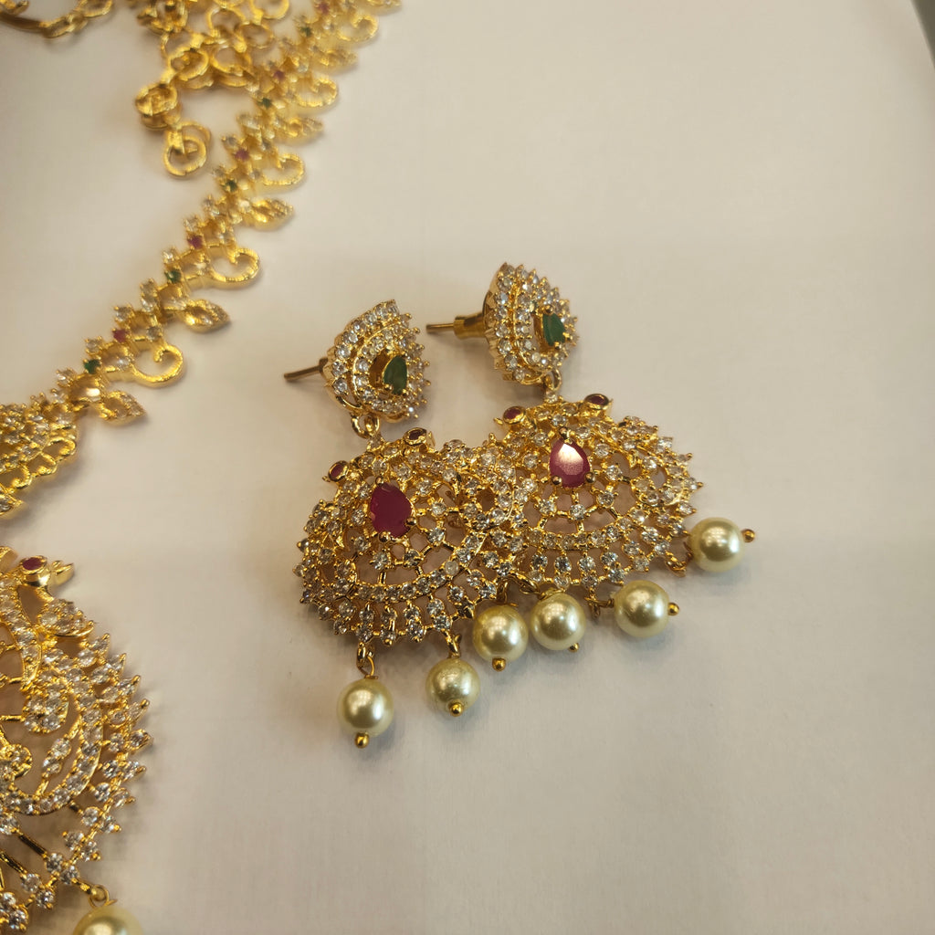 CZ Gold Plated Long Necklace Set - Exquisite Bridal Statement Jewelry