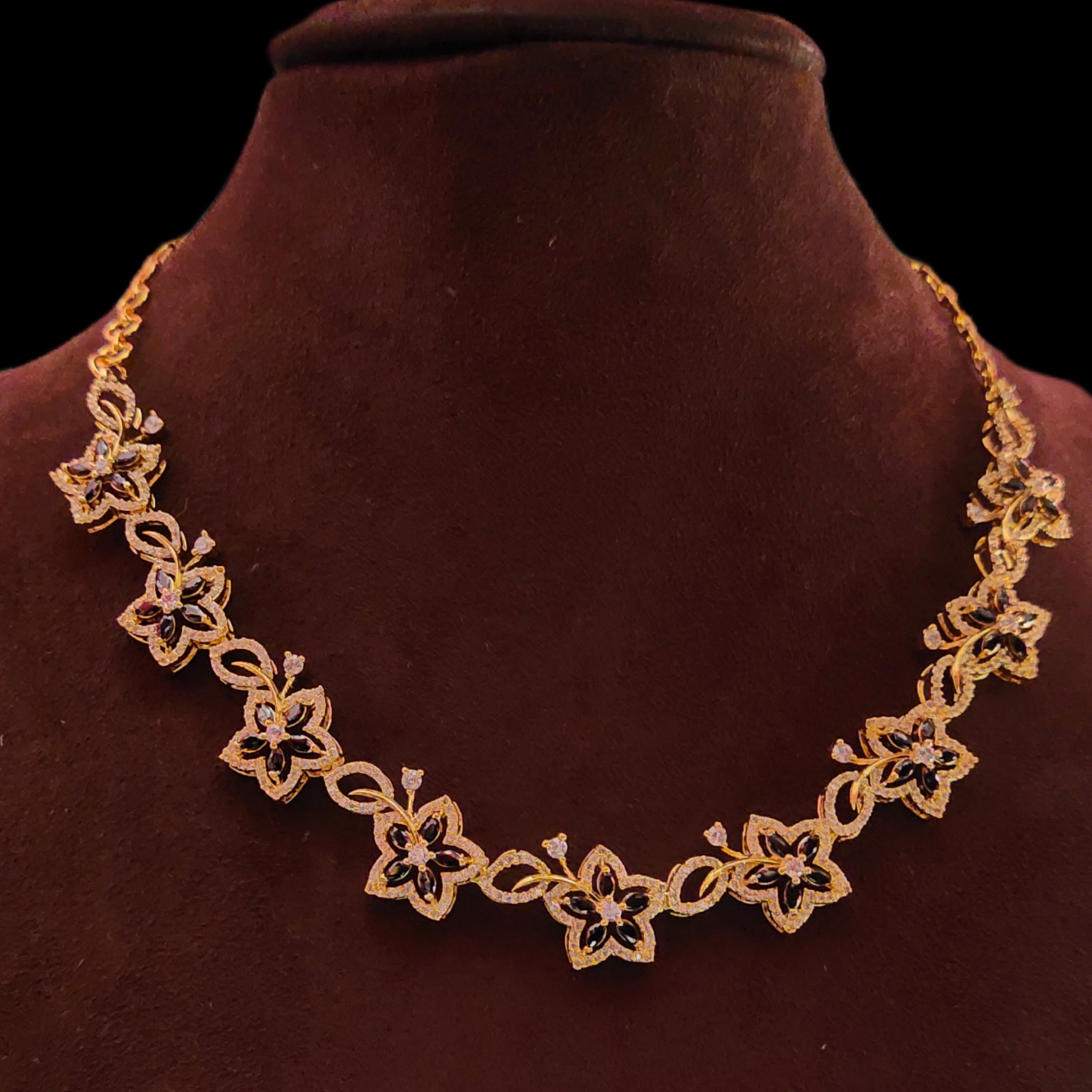 Black Zircon Floret Necklace Set - Rose Gold Floral Jewellery