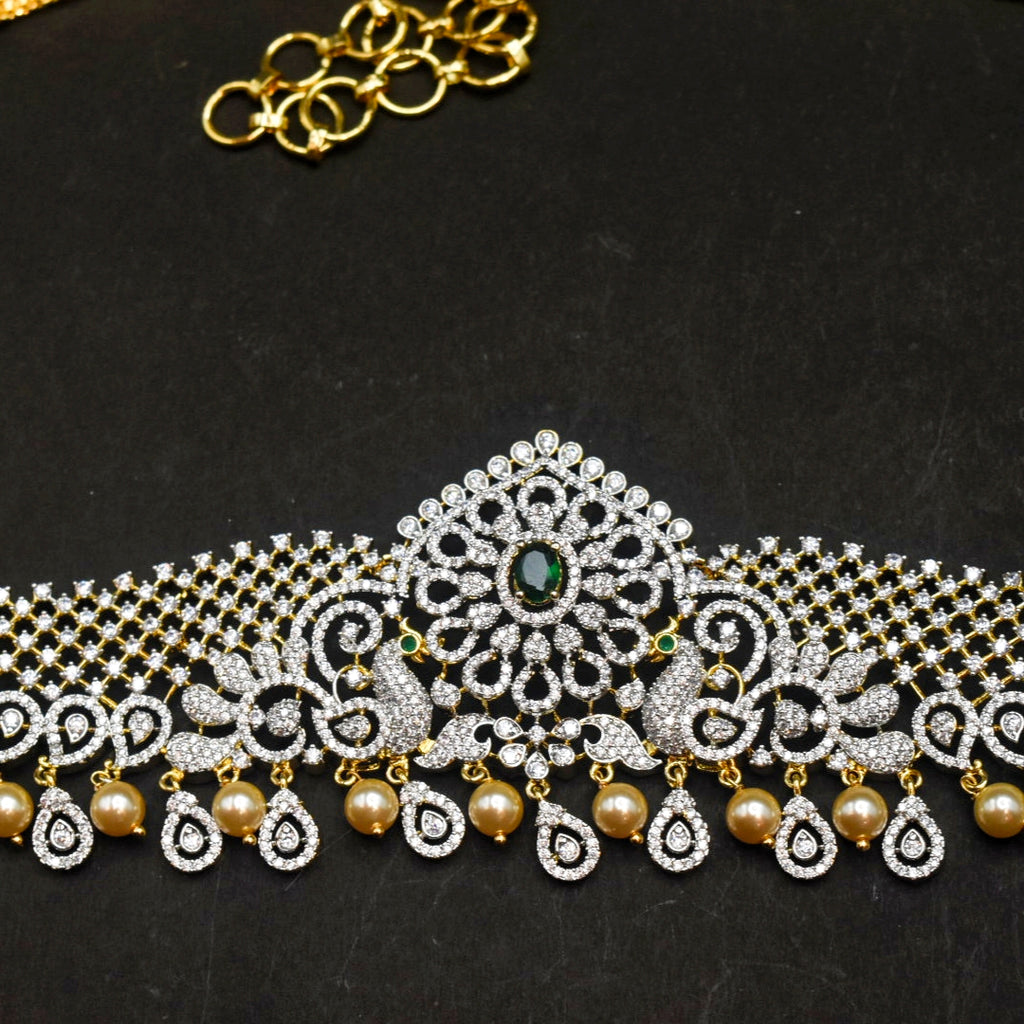 Zircon Rhodium-Gold Double Tone Diamond Look Chain Vaddanam for Bride