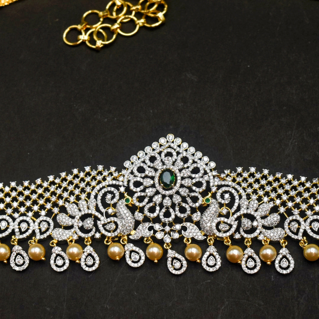 Zircon Rhodium-Gold Double Tone Diamond Look Chain Vaddanam for Bride