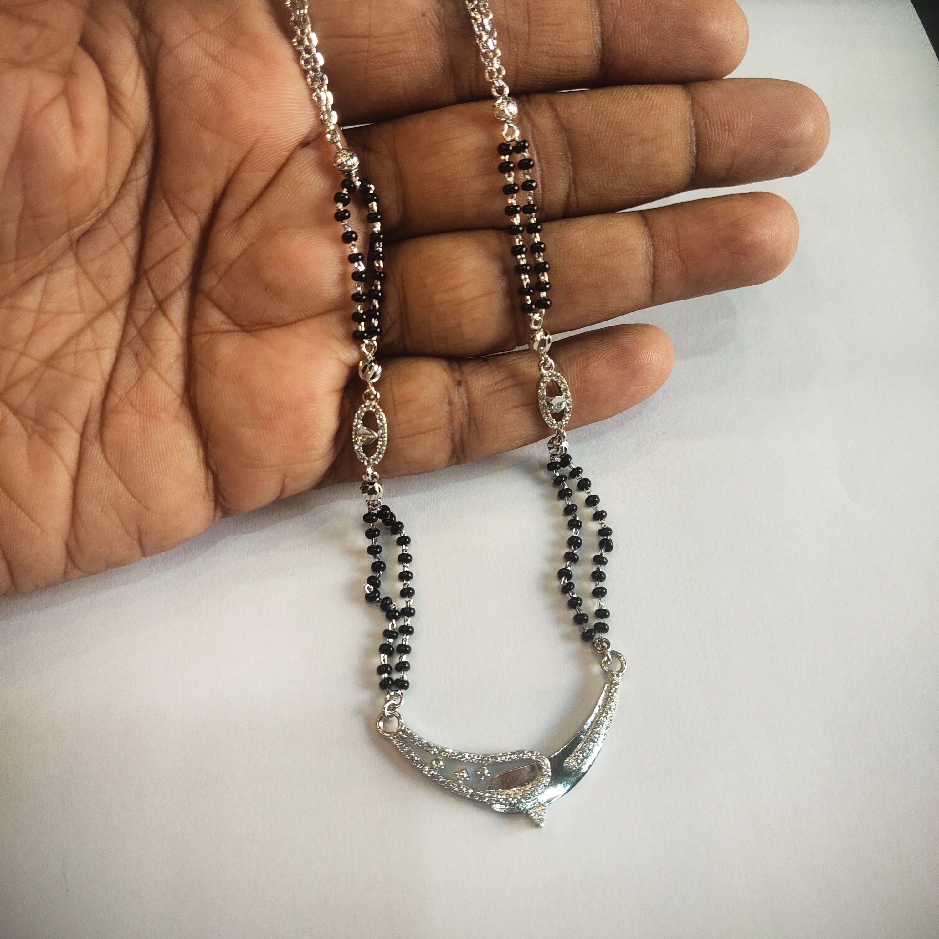 925 Silver Black Beads Mangalsutra Necklace with Curved Pendant