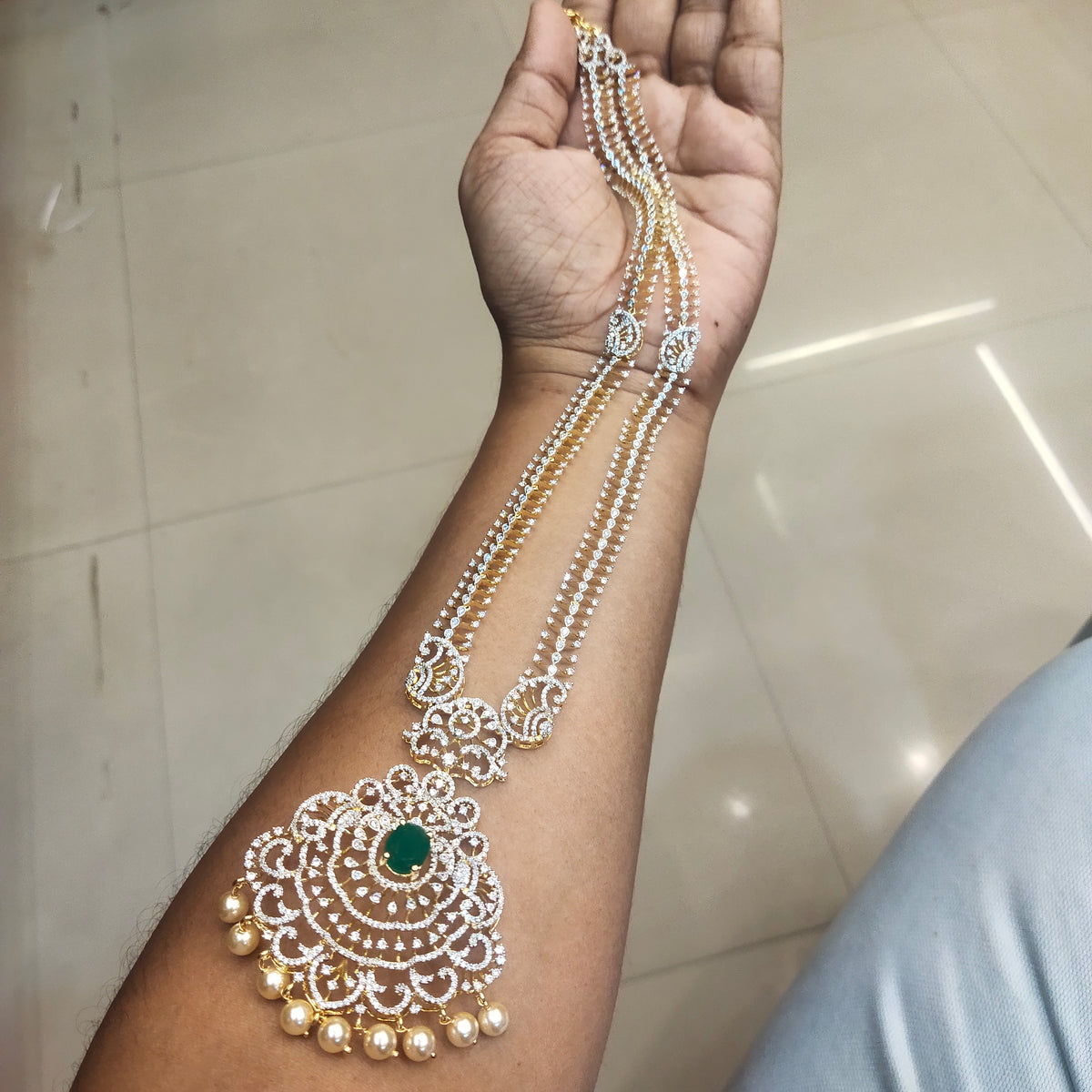Green Zircon Long & Short Necklace Combo Set - Rhodium Gold Plated Bridal Jewelry