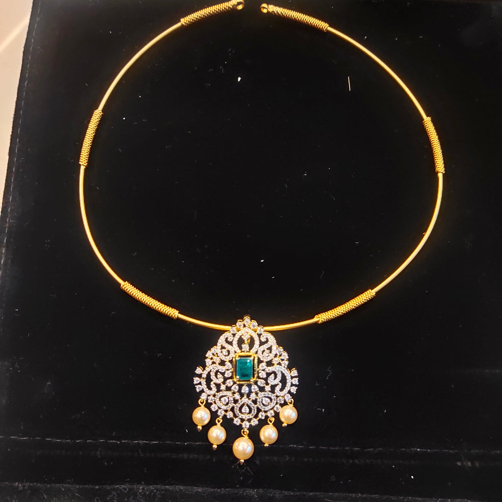 Gold Plated CZ Hasli Choker Necklace with Pearl Drops | Emerald Green & Ruby Red