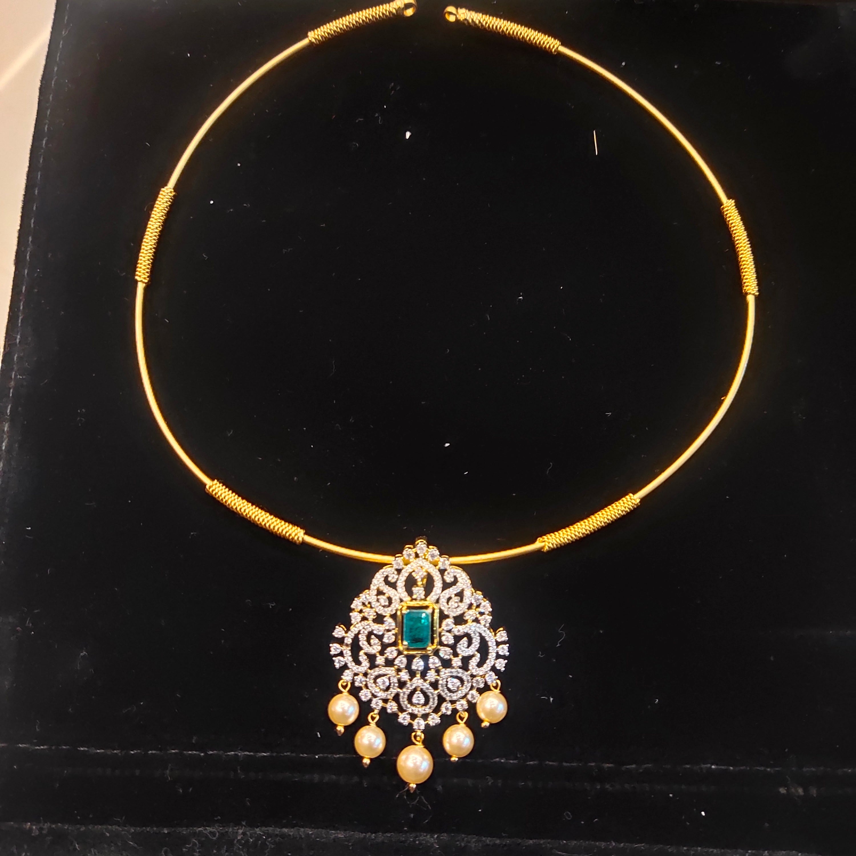Gold Plated CZ Hasli Choker Necklace with Pearl Drops | Emerald Green & Ruby Red