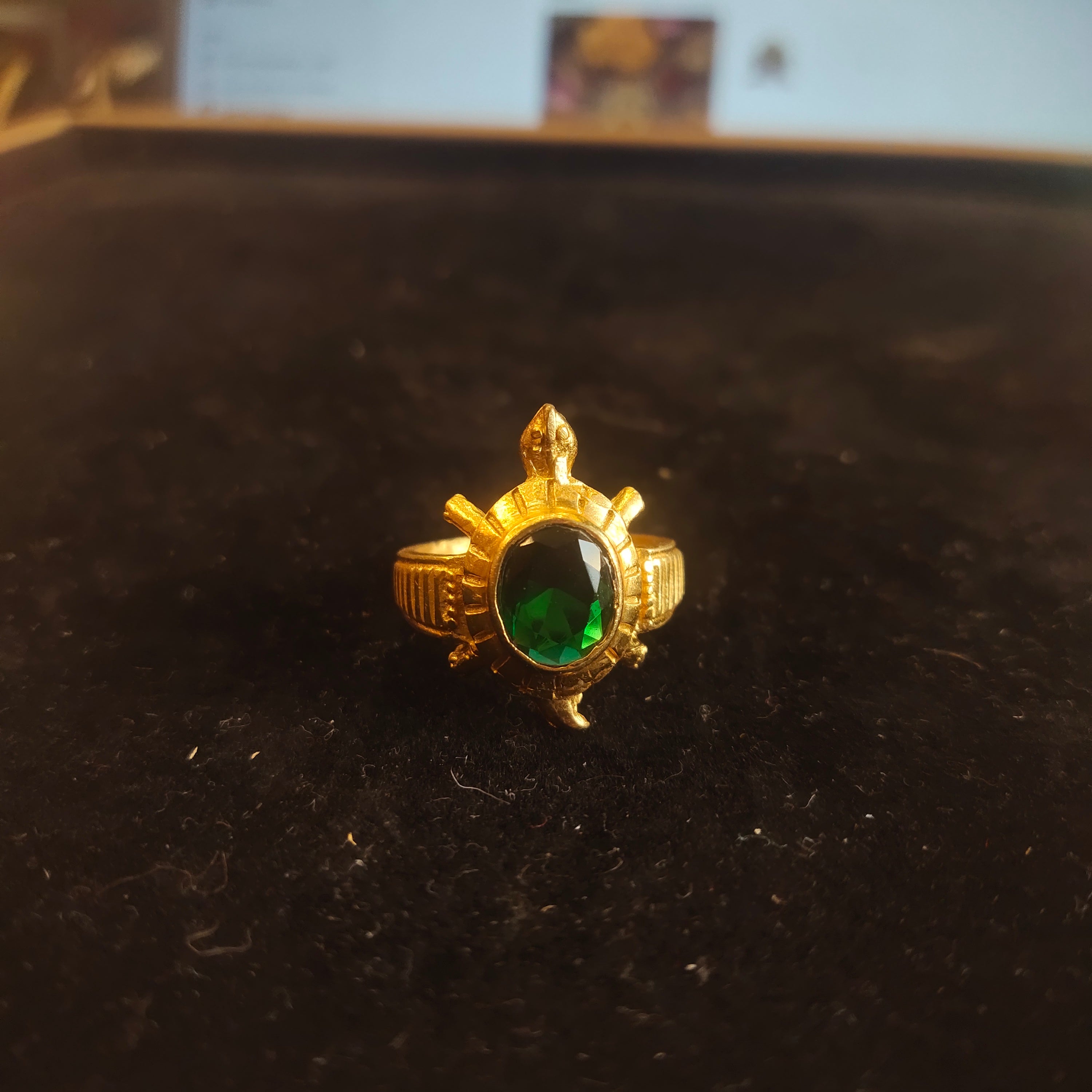 Gold Turtle Ring with Stone - Kachua Ring for Good Luck & Vastu (Yellow / Green / Red)
