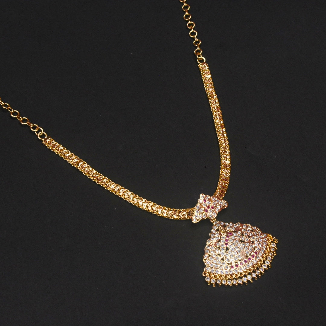 24K Gold Plated Zircon Goddess Laxmi Naan Pathkam Necklace - Traditional Indian Jewellery