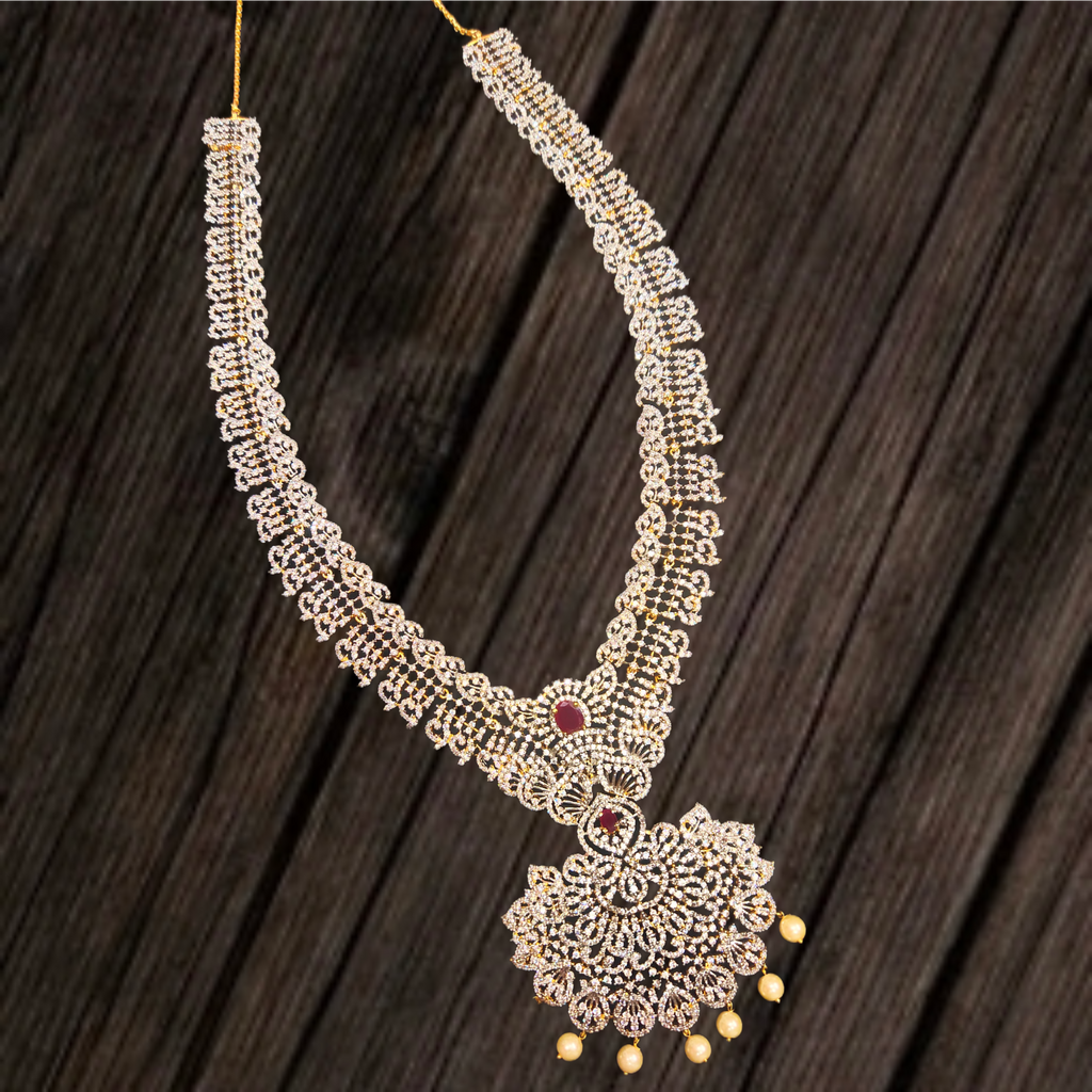 Stylish American Diamond Long Haram - Grand Bridal Necklace with Chandbali Earrings