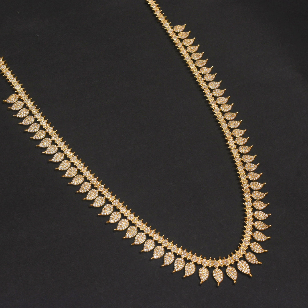 24K Gold Plated Zircon Long Necklace Set - South Indian Traditional Design