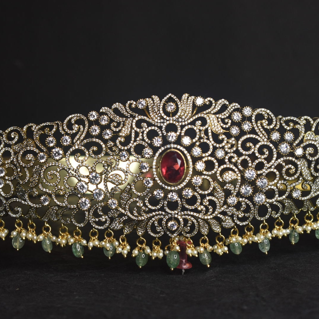 Victorian CZ Bridal Vaddanam - Premium Kundan Waist Belt with Pearls