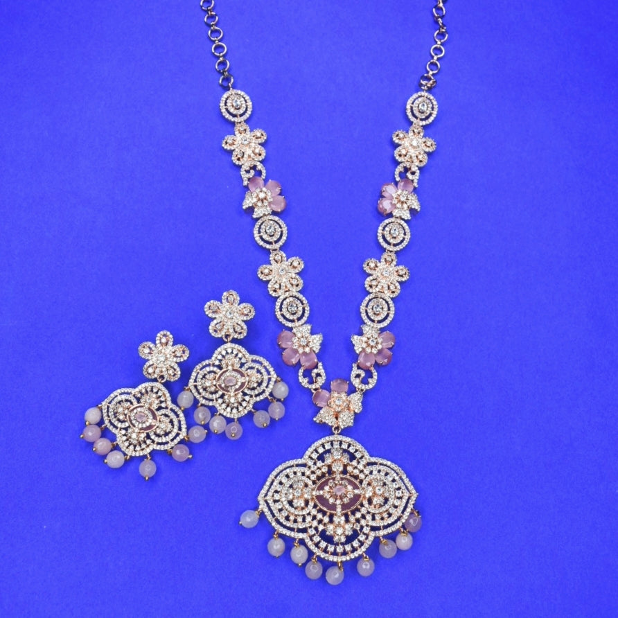 "Glamour Refined: Rose Gold-Plated American Diamonds Designer Necklace Set"