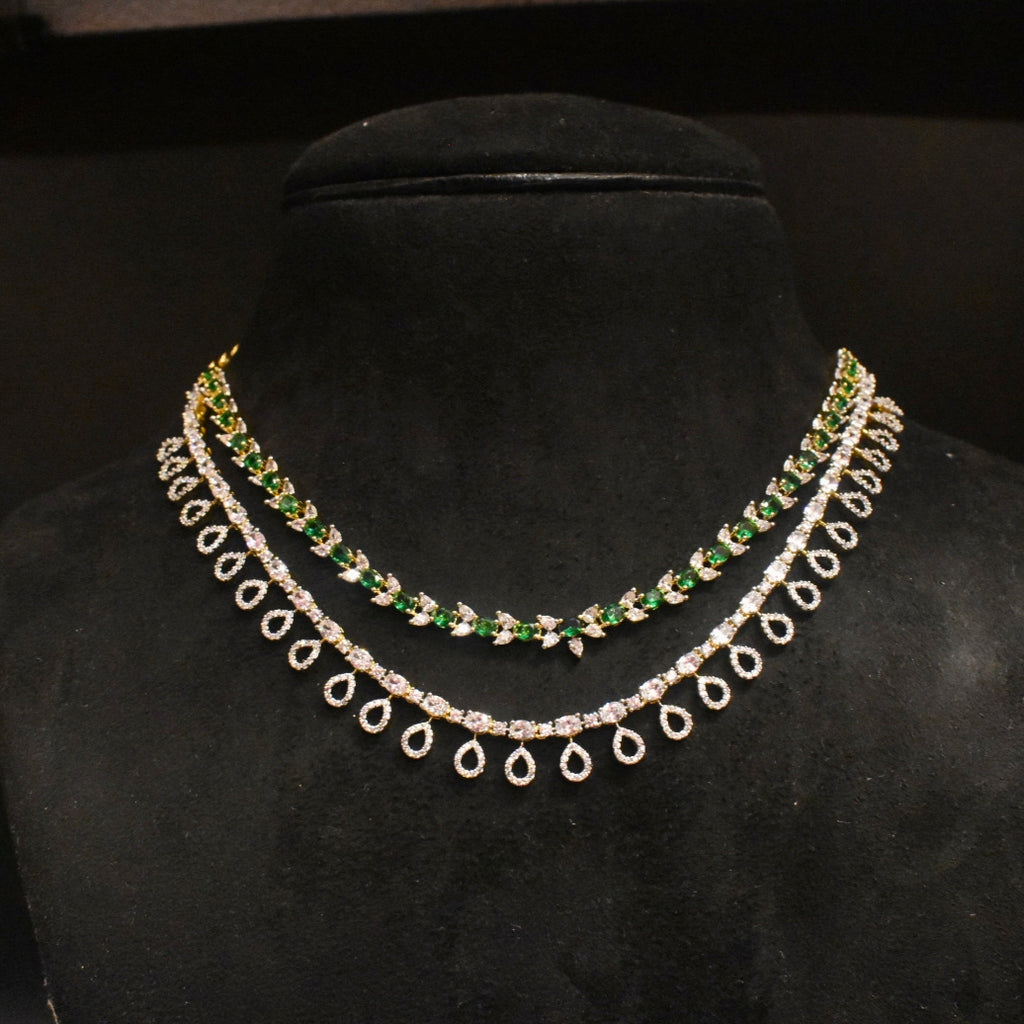 Two Layer Zircon Necklace Set - Two Tone Gold-Rhodium Polish