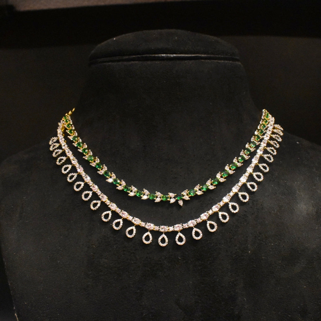 Two Layer Zircon Necklace Set - Two Tone Gold-Rhodium Polish