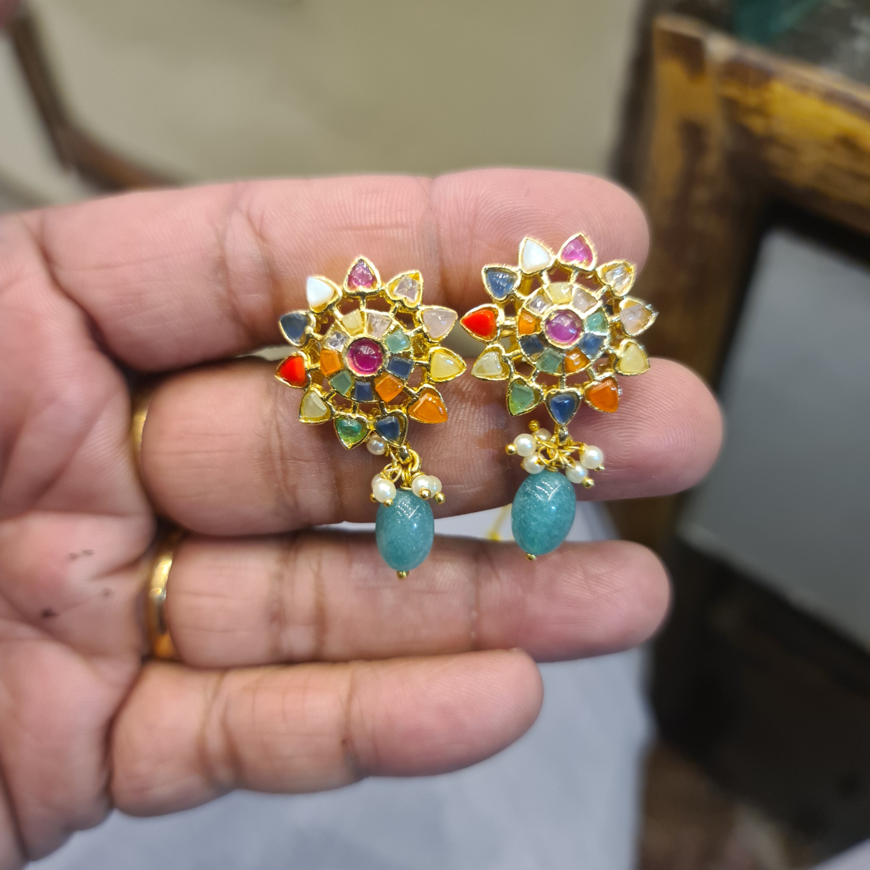 Navratna Sunflower Earrings with Turquoise Drop | Push Back | Gold Plated