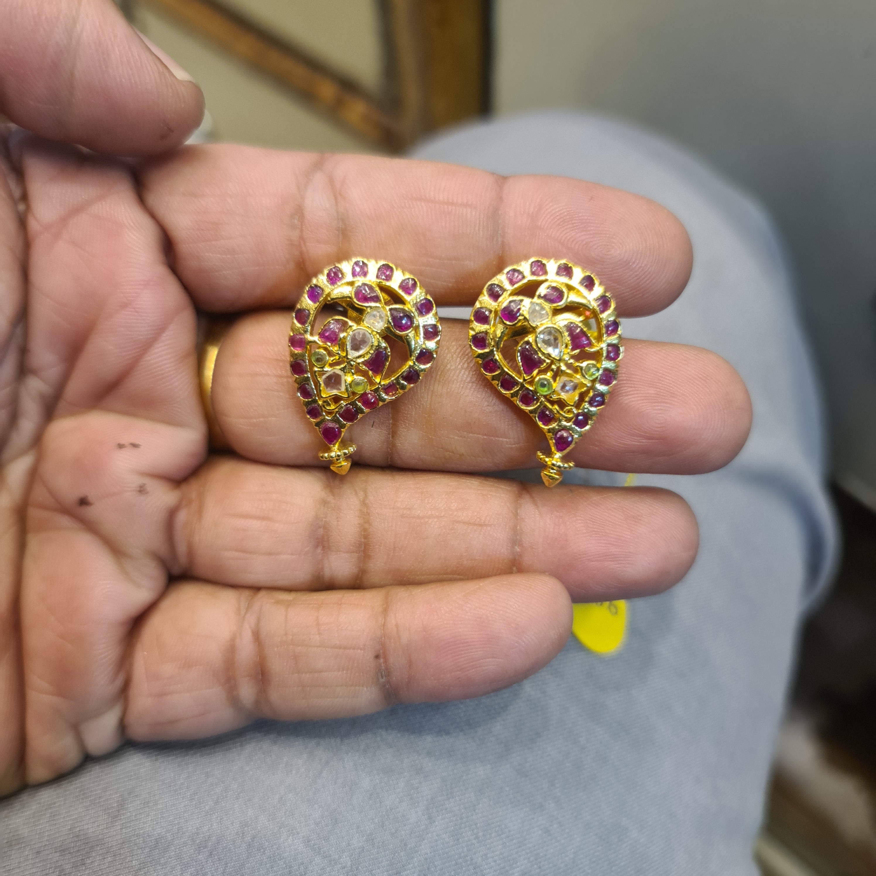 Handmade Kempu Mango Polki Kundan Stud Earrings | Temple Jewellery | Screw Back
