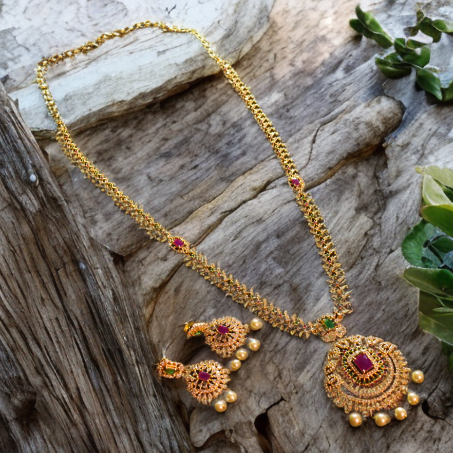 CZ Gold Plated Long Necklace Set - Premium American Diamond Bridal Jewelry
