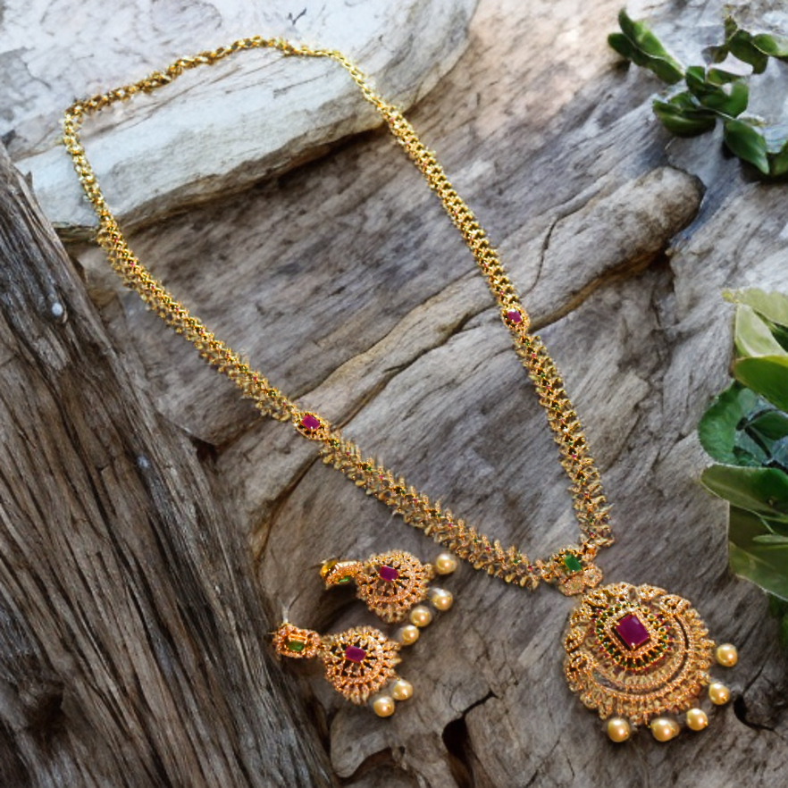 Asp Cz Gold Plated Long Necklace Set