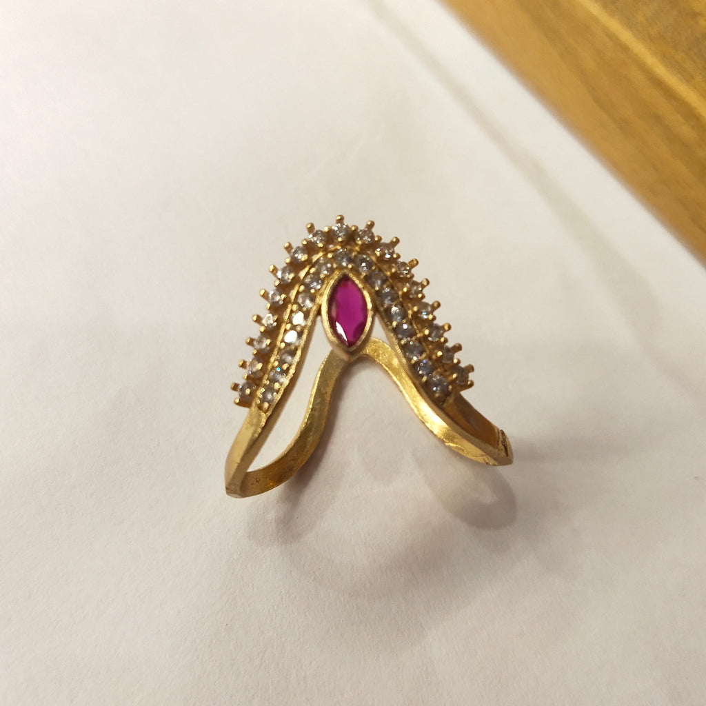 Gold Plated Ruby Vanki Crown Ring with CZ Stones - Front View