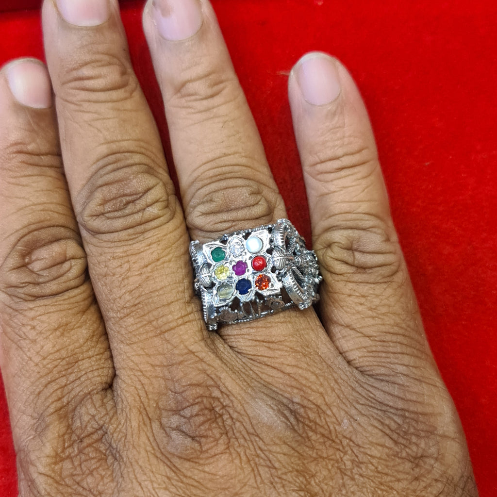Embrace Elegance: The Exquisite 92.5 Silver Navratna-Embedded Balaji Ring for Men