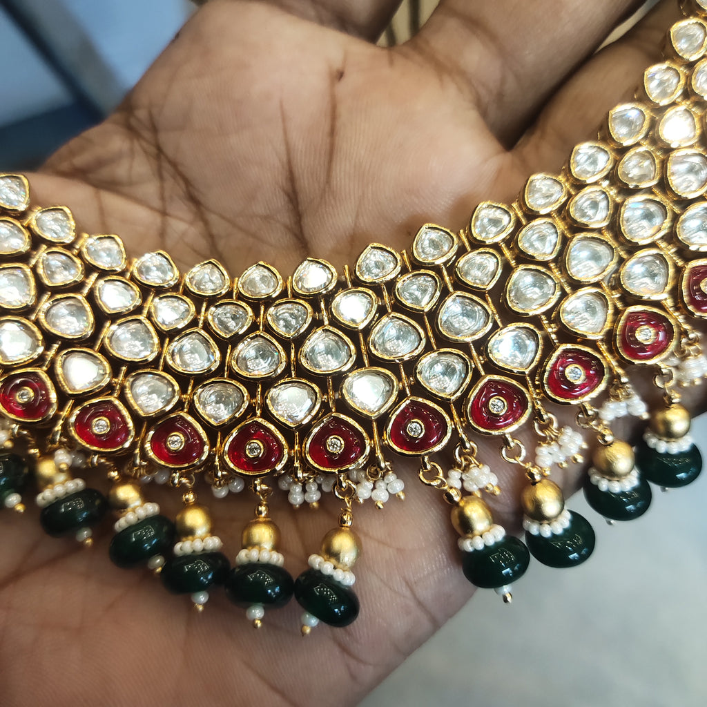 24K Gold Plated Kundan Necklace Set with Chandelier Earrings - Traditional Indian Jewelry